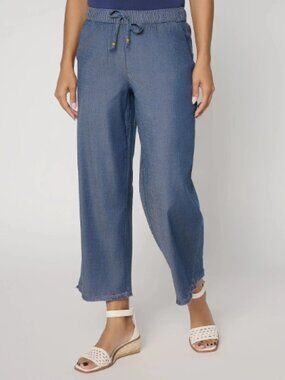 Susan Graver Strtch Chmbry Wde Leg Crop Pants Fringe-Dk Wsh-Petite Small-A694653